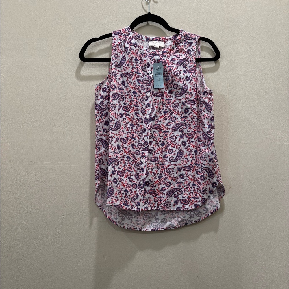 LOFT Pink and White Pleated Mandarin Collar Blouse